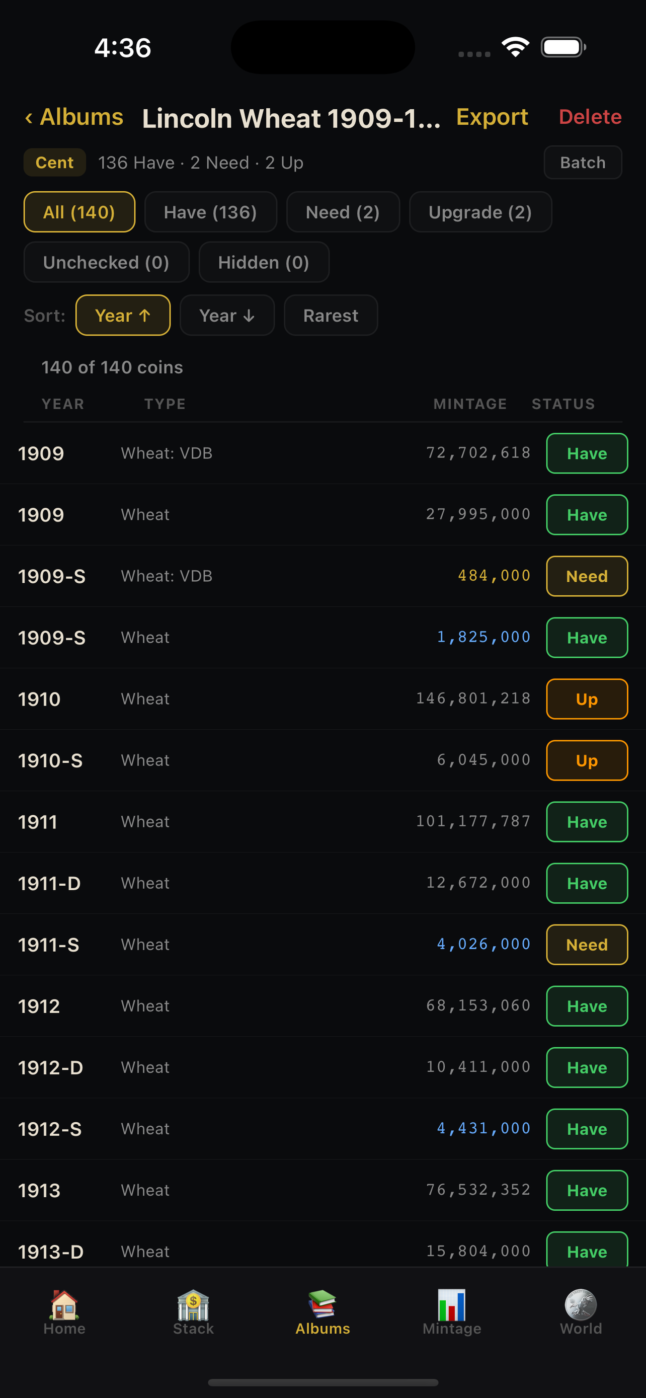StackVault Album Detail — Individual coin tracking with status